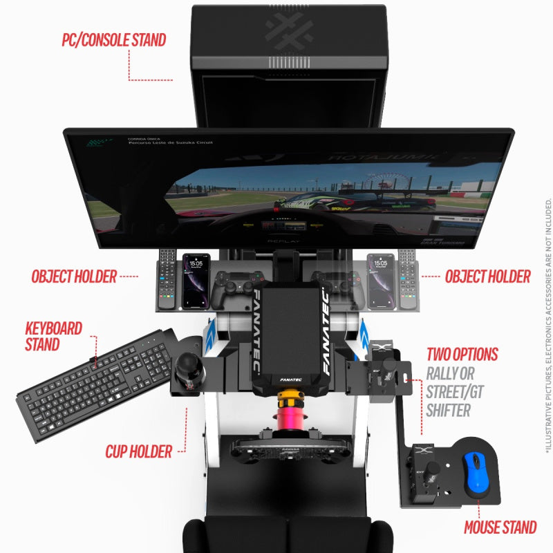 Racing Simulator Stand Cockpit Overhead view with example products
