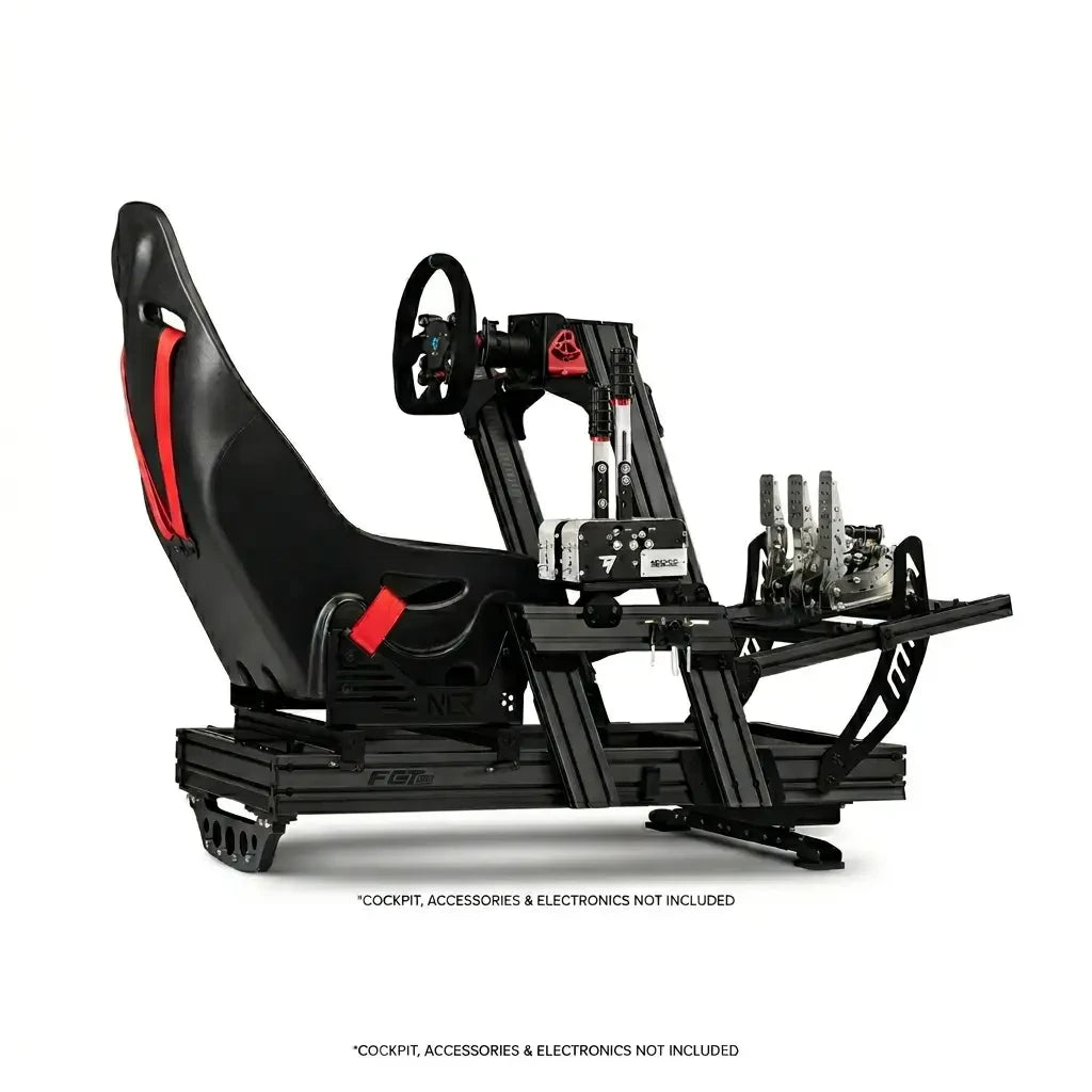 seat steering wheel pedals gear shifter and chassis supported by next level racing motion plus platform at front