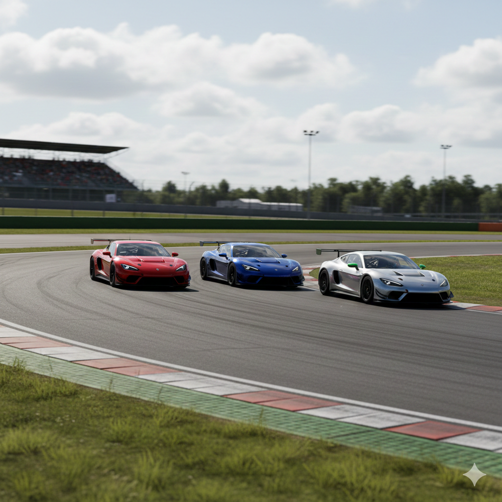 Cinematic 3D render of three GT race cars cornering on a track, representing the sim racing experience.