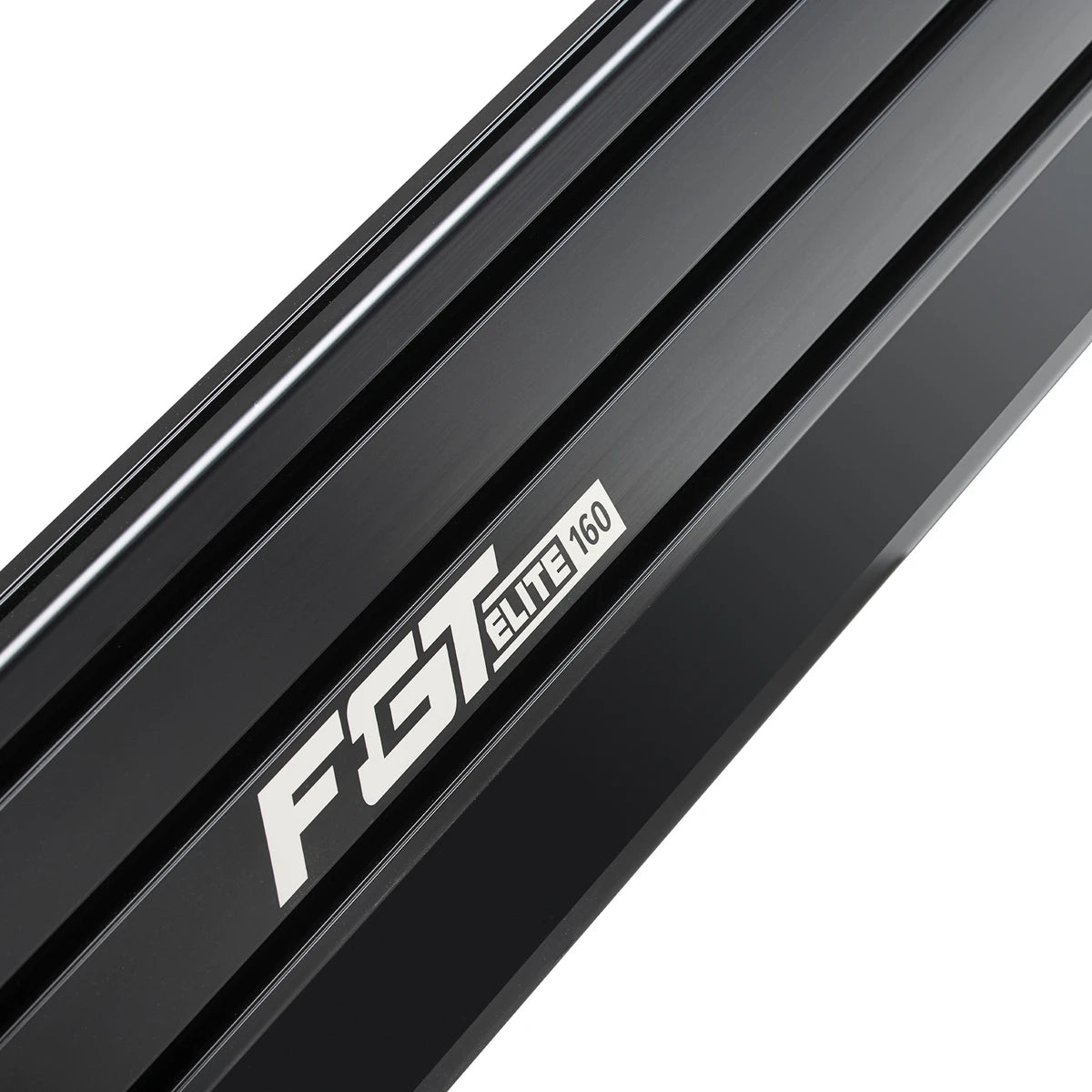 close up of the 160mm x 40mm anodised base rail badge on the next level racing elite 160 cockpit frame