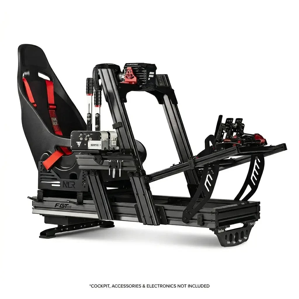 gear shifter wheel base pedals and seat supported by chassis with rear mounted motion platform plus