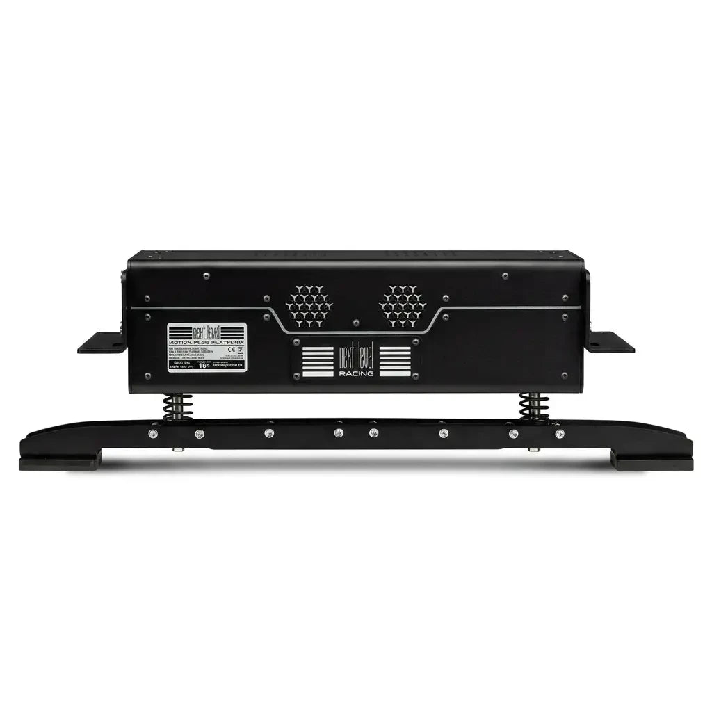 back view of the all black nlr motion plus with white next level racing logo and mounting bracket visible below