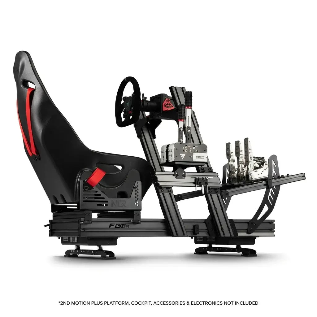 chassis that contains a seat wheel wheelbase shifter and pedals with double mounted next level racing motion plus