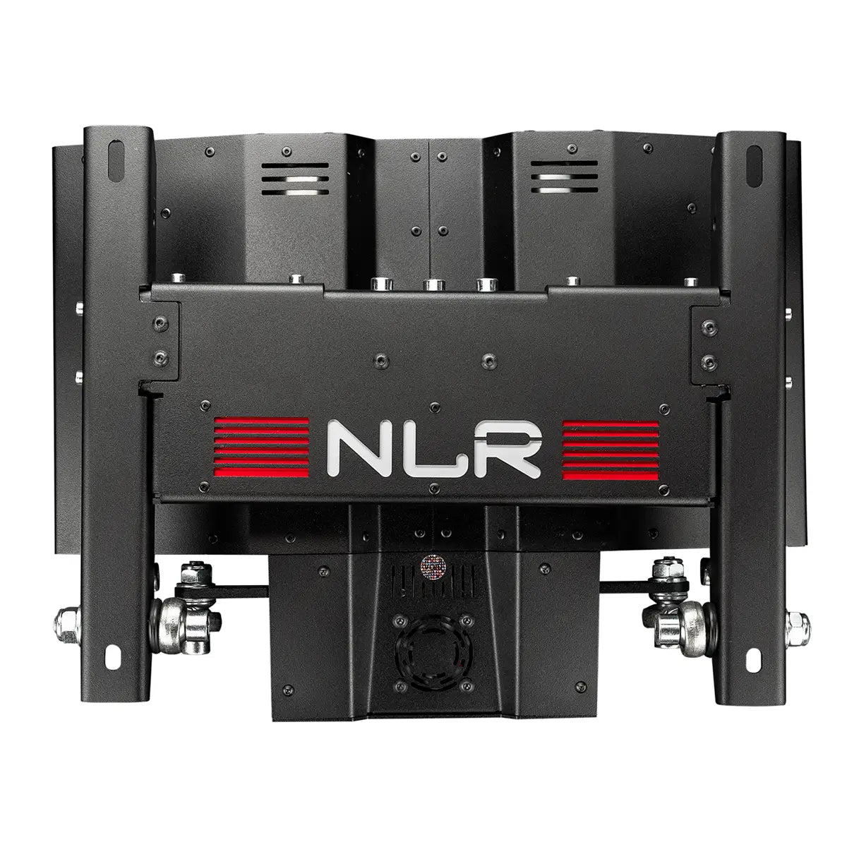 next level racing motion platform v3 with n l r logo showing from above with red accents on either side