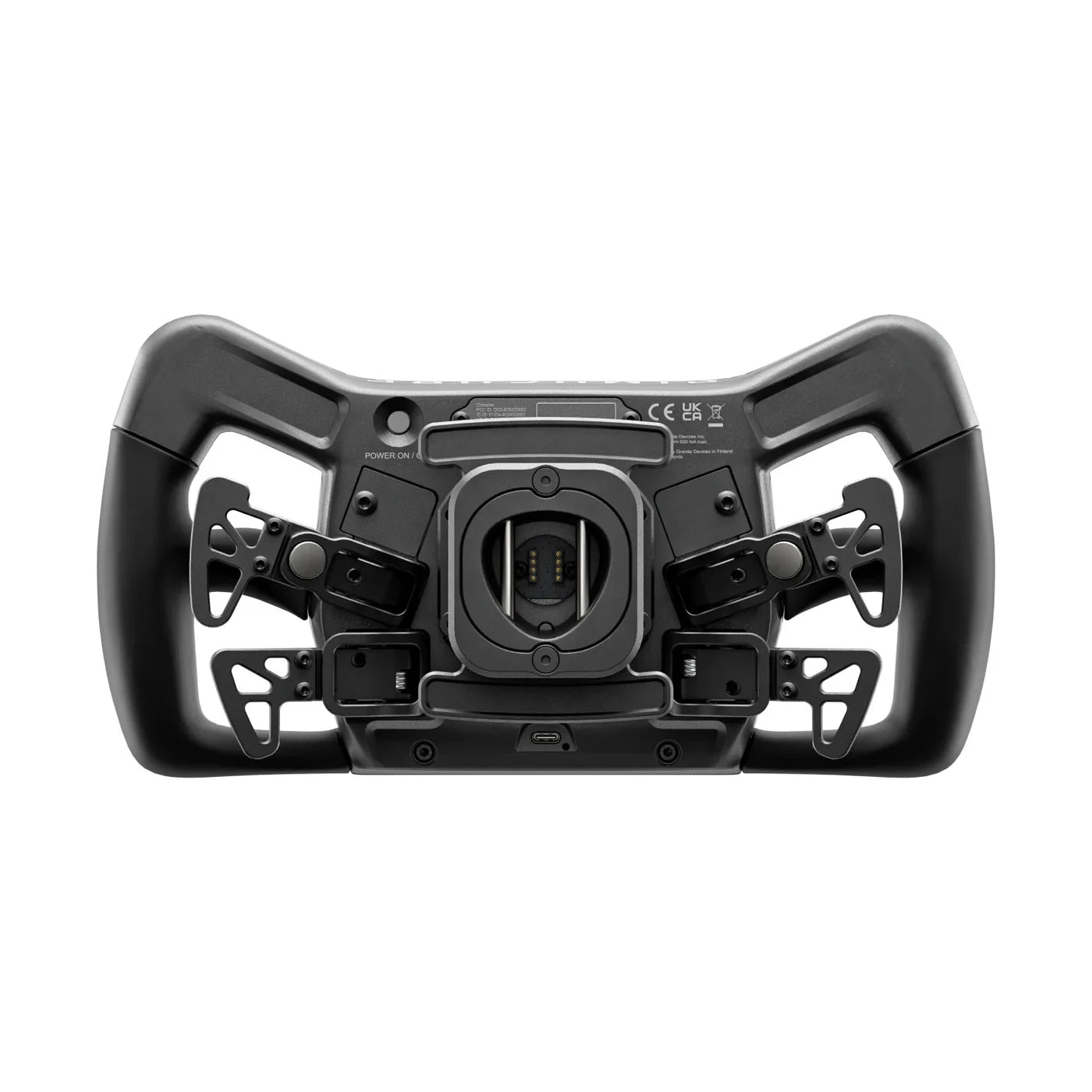 full back view of simucube savu sport steering wheel showing all 4 paddle shifters with wheelbase connection port in center