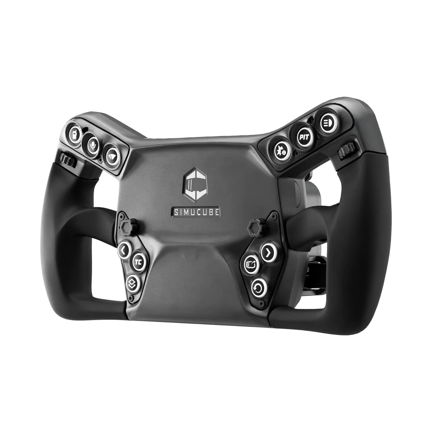 angle shot from right of sport savu wheel showing 6 buttons and 1 dial close to this side and slight view of lower right paddle shifter