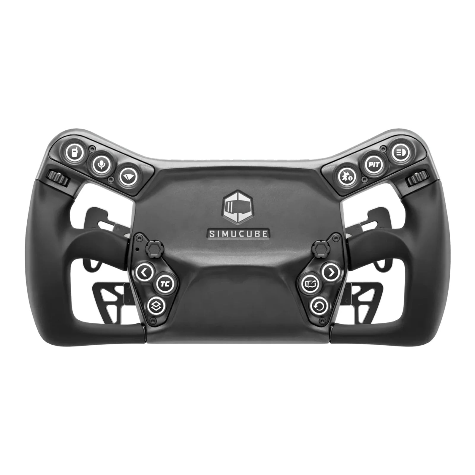 front view showing white simucube logo over black sport savu steering wheel in center with buttons and dials