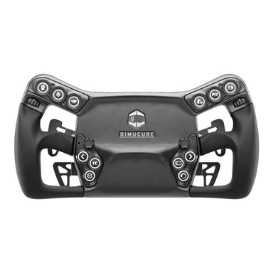 front view showing white simucube logo over black sport savu steering wheel in center with buttons and dials