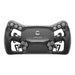 front view showing white simucube logo over black sport savu steering wheel in center with buttons and dials